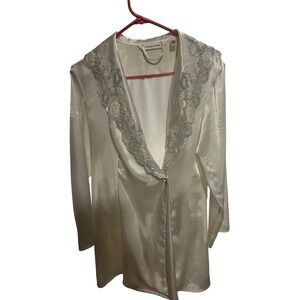 Vtg Victoria's Secret White Satin Lace Trim Kimono Robe/collared nightgown XS
